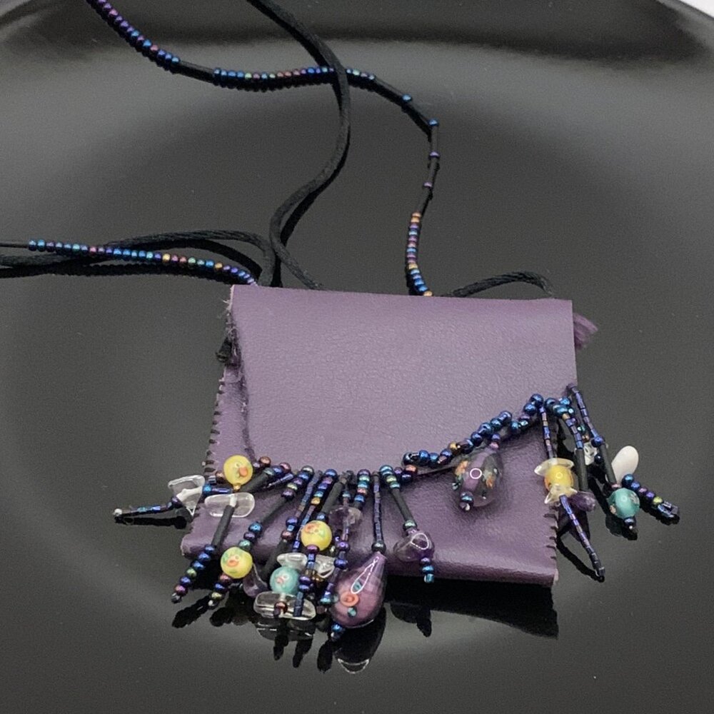 Handmade Beaded Leather Pouch Necklace Boho Free Spirit Accessory J686